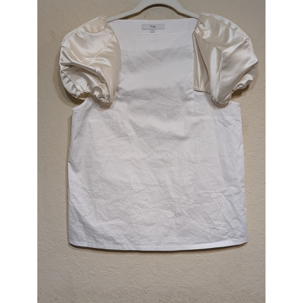 Tibi $395 Satin Puff‎ Sleeve Top Square Neck Cotton Blouse White & Ivory Size 4